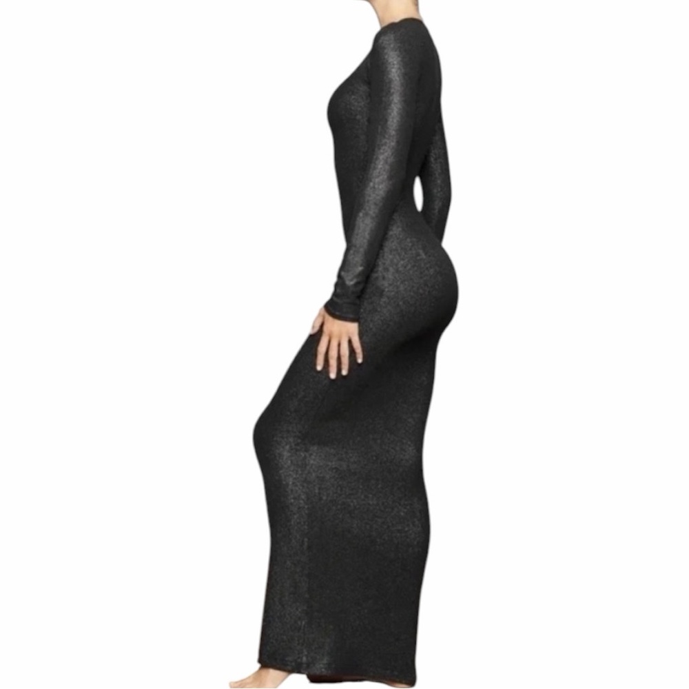 Skims Black Shimmer Foil Ribbed
Long Sleeve Sheath gown Dress NWT Sparkle Sz M - Picture 6 of 9